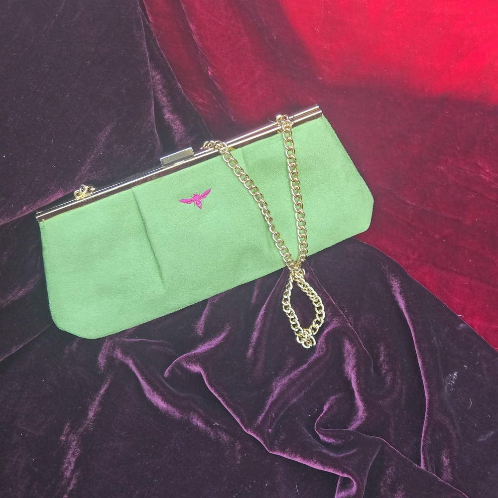 Buzz by Jane Fox Green Suede Frame Clutch Pink Polka Dot Lining Gold Chain